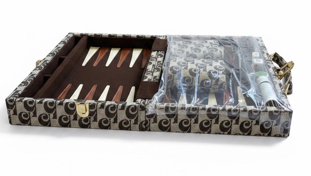 Vintage 1970s Brown & White Backgammon Set Monogram Case Cover & Cups Complete
